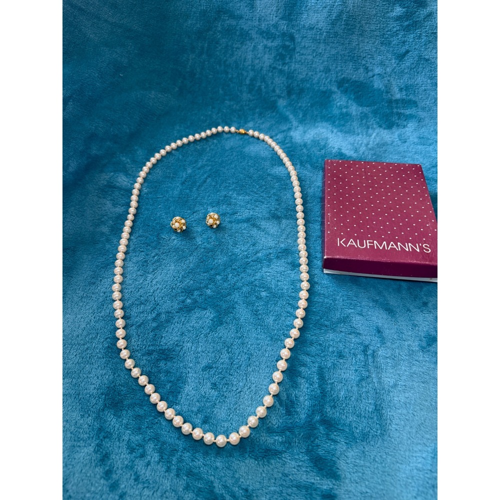 Kaufmanns Vintage Faux Pearl Necklace and Gold Tone Cluster Earring Set 18in‎